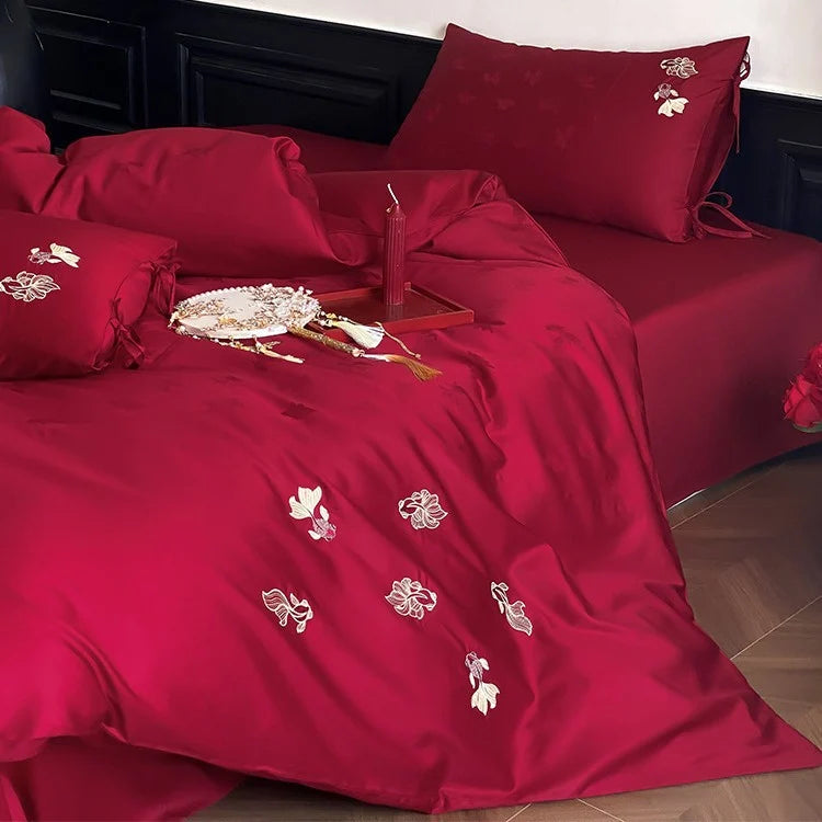Bedding Set Satin Floral Embroidery Cooling