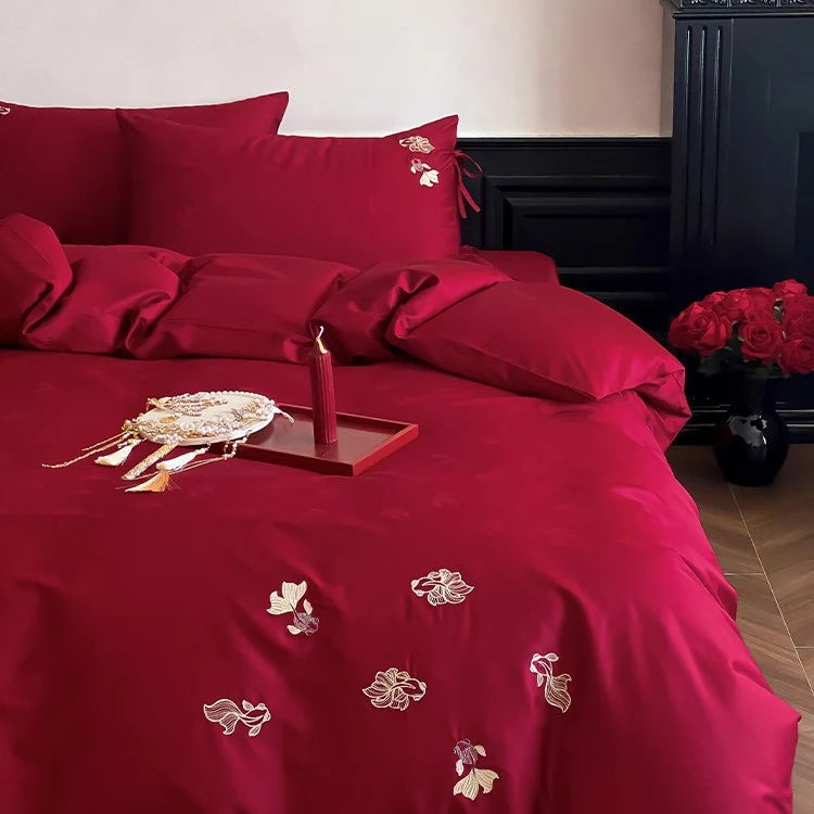 Bedding Set Satin Floral Embroidery Cooling