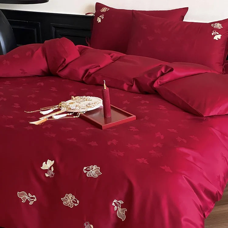 Bedding Set Satin Floral Embroidery Cooling
