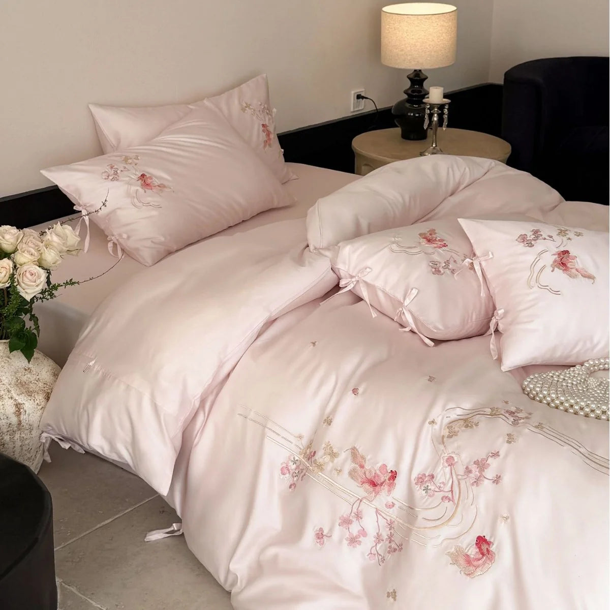 Bedding Set Satin Floral Embroidery & Decorative Ties