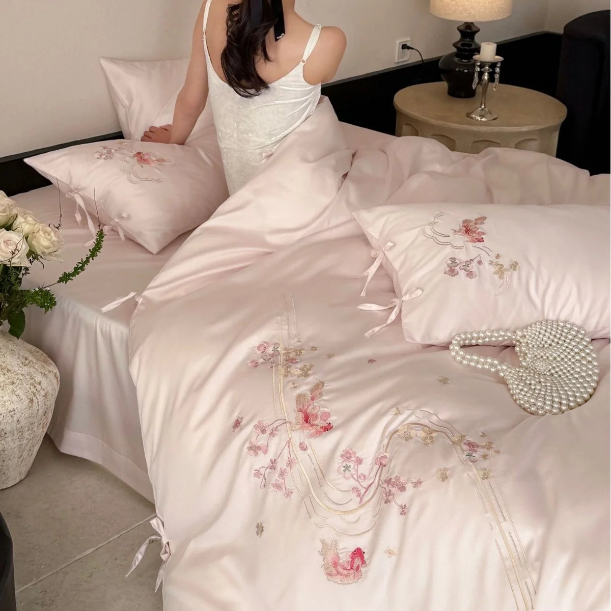 Bedding Set Satin Floral Embroidery & Decorative Ties