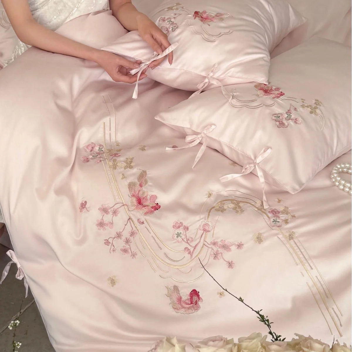 Bedding Set Satin Floral Embroidery & Decorative Ties