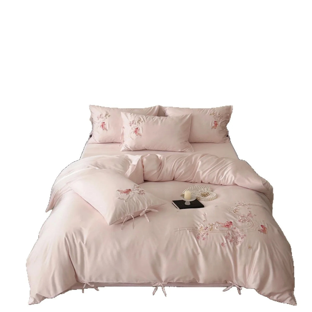 Bedding Set Satin Floral Embroidery & Decorative Ties
