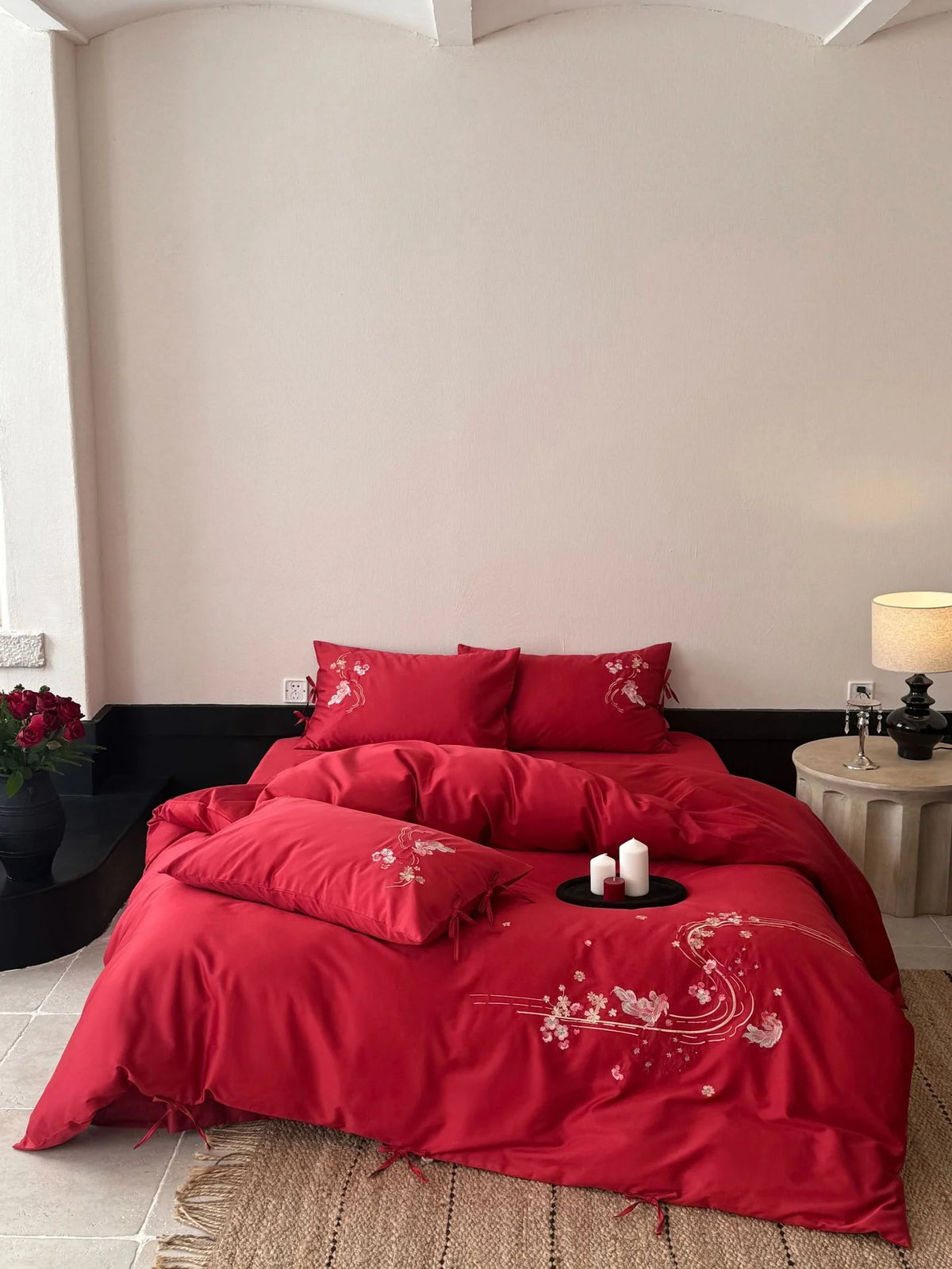 Bedding Set Satin Floral Embroidery & Decorative Ties