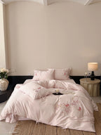 Bedding Set Satin Floral Embroidery & Decorative Ties