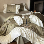 Bedding Set Satin Floral Embroidery Ruffled Trim Machine Washable