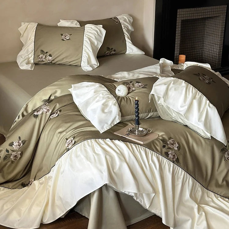 Bedding Set Satin Floral Embroidery Ruffled Trim Machine Washable