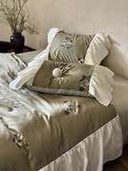 Bedding Set Satin Floral Embroidery Ruffled Trim Machine Washable