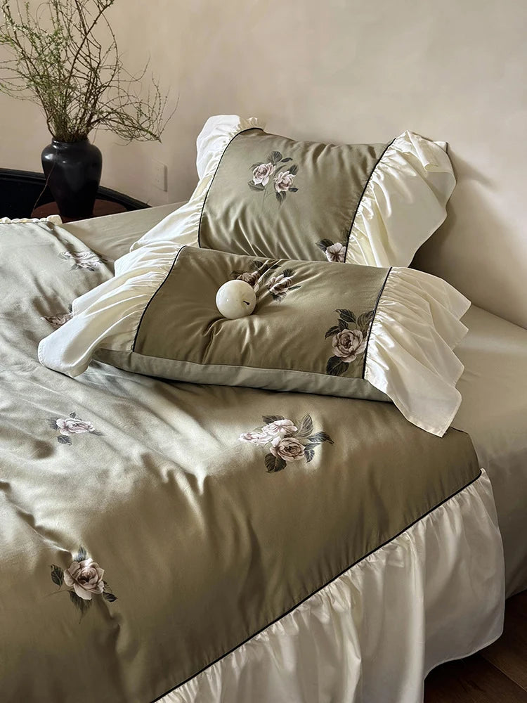 Bedding Set Satin Floral Embroidery Ruffled Trim Machine Washable