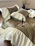 Bedding Set Satin Floral Embroidery Ruffled Trim Machine Washable