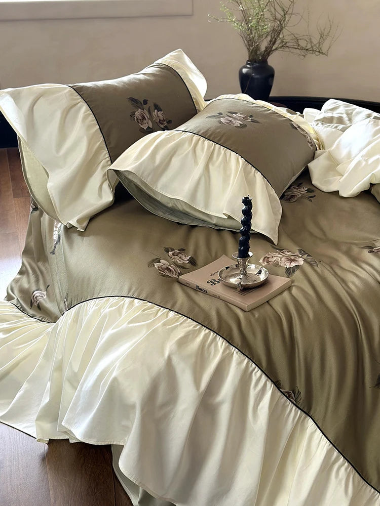 Bedding Set Satin Floral Embroidery Ruffled Trim Machine Washable