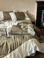 Bedding Set Satin Floral Embroidery Ruffled Trim Machine Washable
