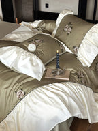 Bedding Set Satin Floral Embroidery Ruffled Trim Machine Washable