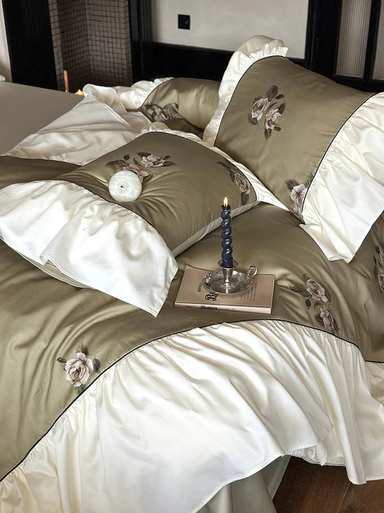 Bedding Set Satin Floral Embroidery Ruffled Trim Machine Washable