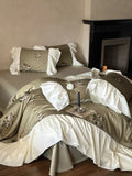 Bedding Set Satin Floral Embroidery Ruffled Trim Machine Washable