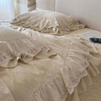 Bedding Set Satin Jacquard Floral & Lace Ruffles Temperature-Regulating
