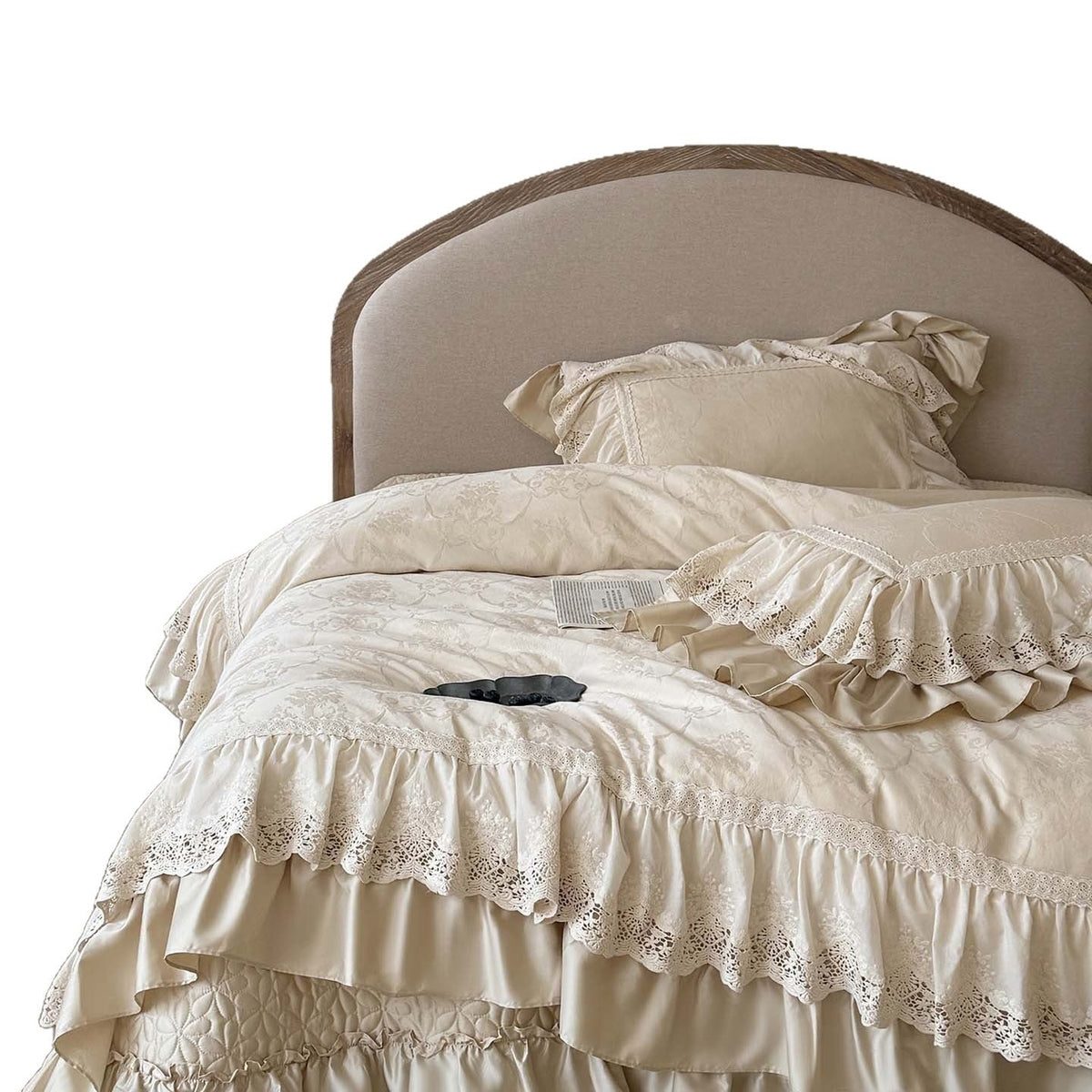 Bedding Set Satin Jacquard Floral & Lace Ruffles Temperature-Regulating