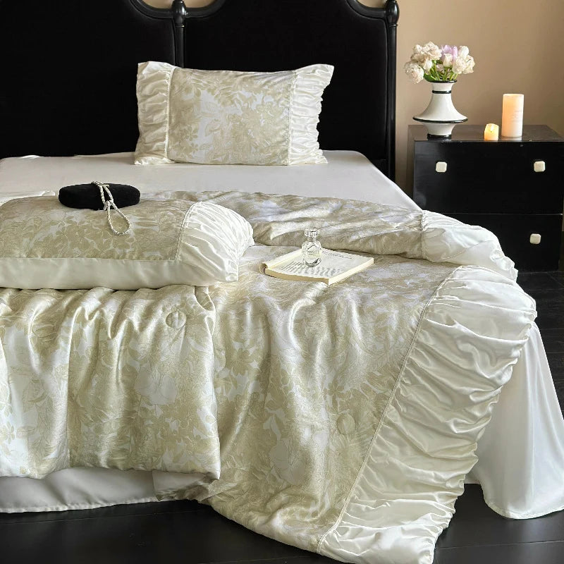 Bedding Set Satin Jacquard Gathered Ruffle Pillowcases Included