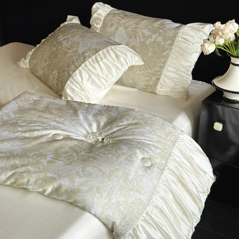 Bedding Set Satin Jacquard Gathered Ruffle Pillowcases Included
