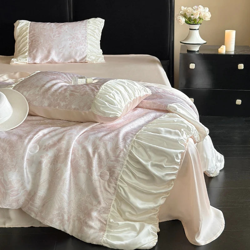 Bedding Set Satin Jacquard Gathered Ruffle Pillowcases Included
