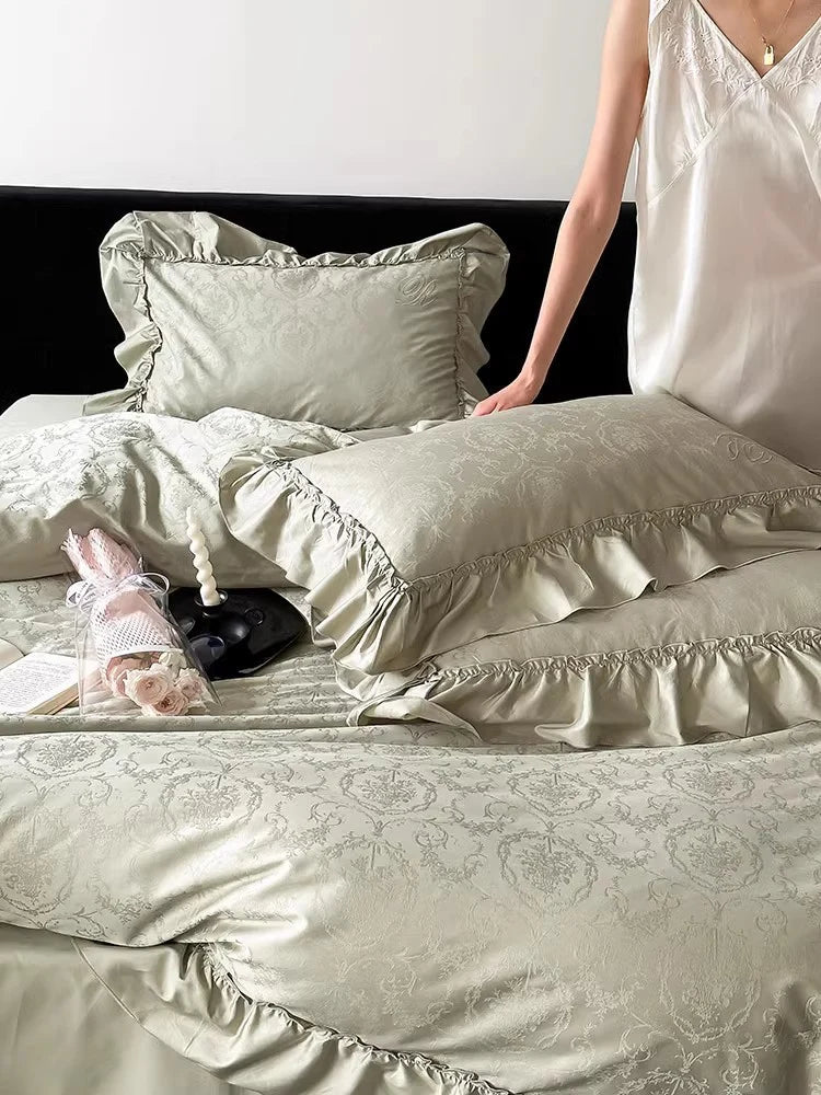 Bedding Set Satin Jacquard Ruffled Edges Machine Washable