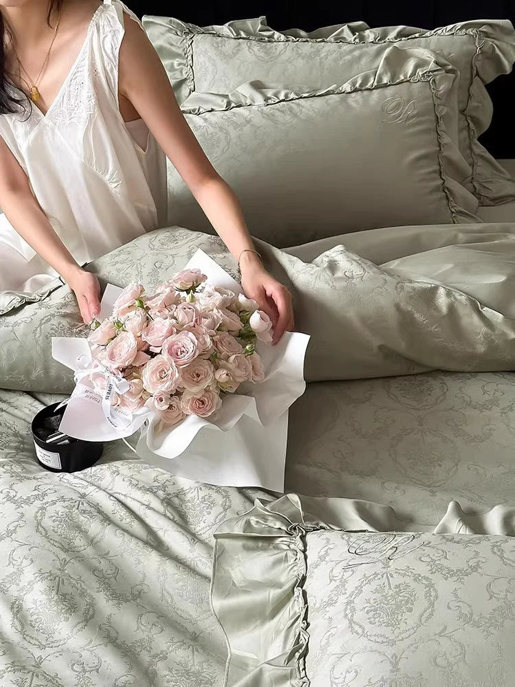 Bedding Set Satin Jacquard Ruffled Edges Machine Washable