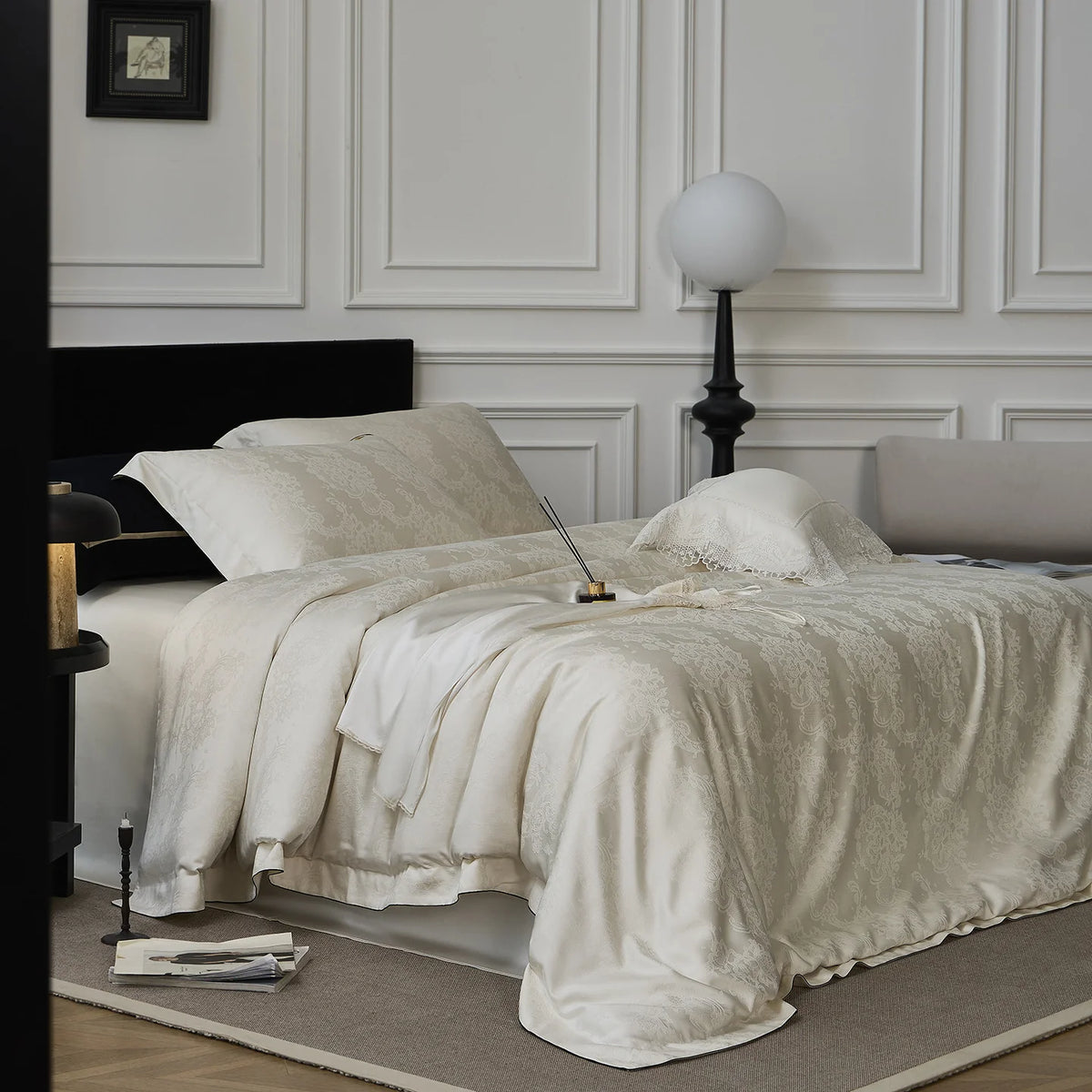 Bedding Set Satin Jacquard Subtle Floral Fine Piping