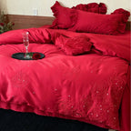 Bedding Set Satin Look Rose Embroidery Four Piece