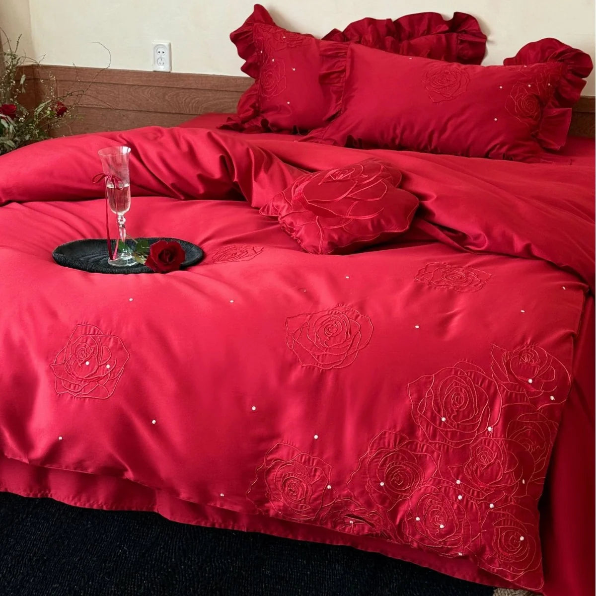 Bedding Set Satin Look Rose Embroidery Four Piece
