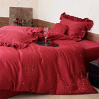 Bedding Set Satin Look Rose Embroidery Four Piece