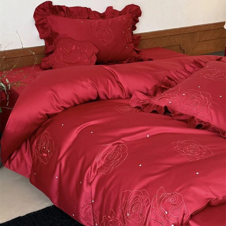 Bedding Set Satin Look Rose Embroidery Four Piece