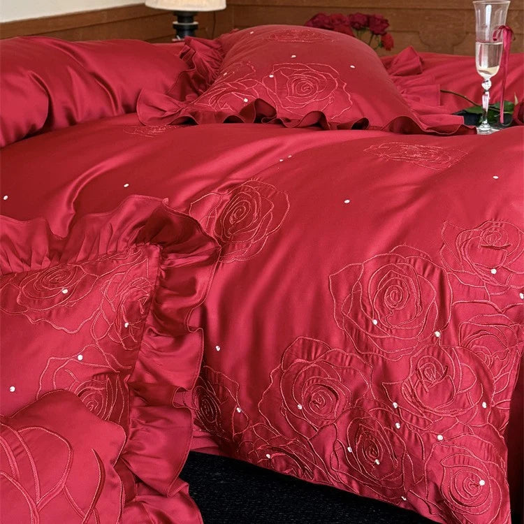 Bedding Set Satin Look Rose Embroidery Four Piece
