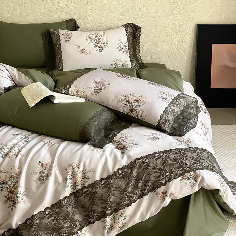 Bedding Set Satin Reversible Floral & Lace Trim