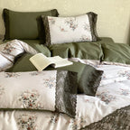 Bedding Set Satin Reversible Floral & Lace Trim