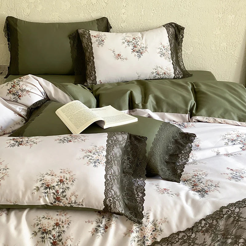 Bedding Set Satin Reversible Floral & Lace Trim