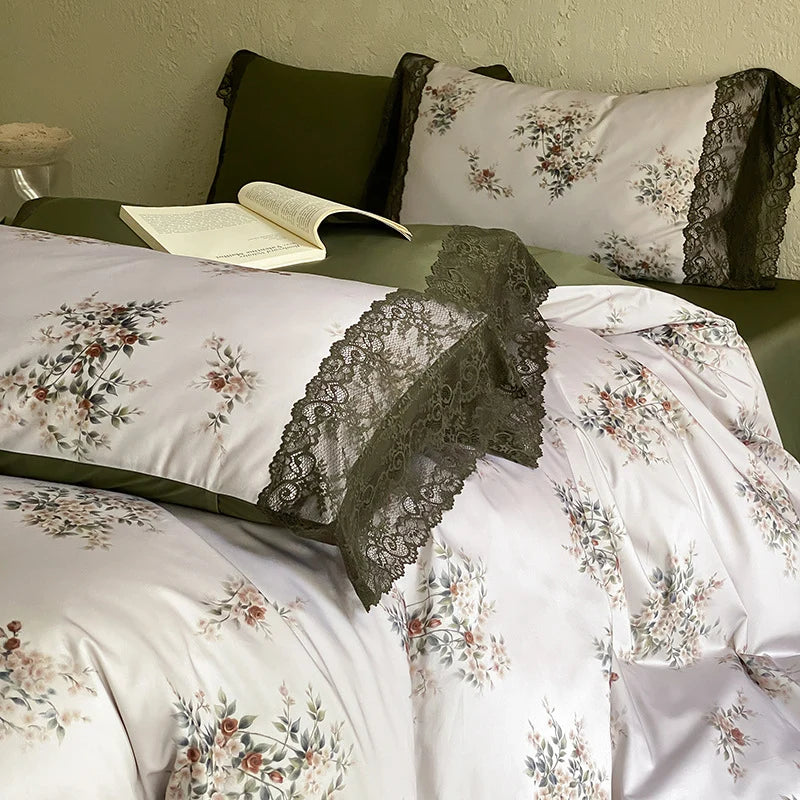 Bedding Set Satin Reversible Floral & Lace Trim