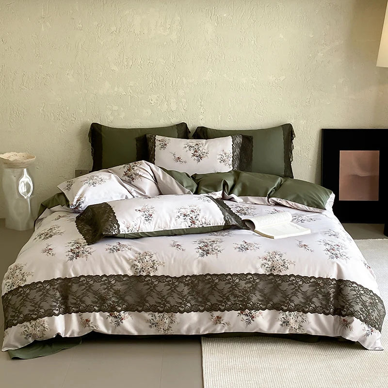 Bedding Set Satin Reversible Floral & Lace Trim
