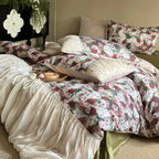 Bedding Set Satin Rose Pattern & Gathered Bed Skirt