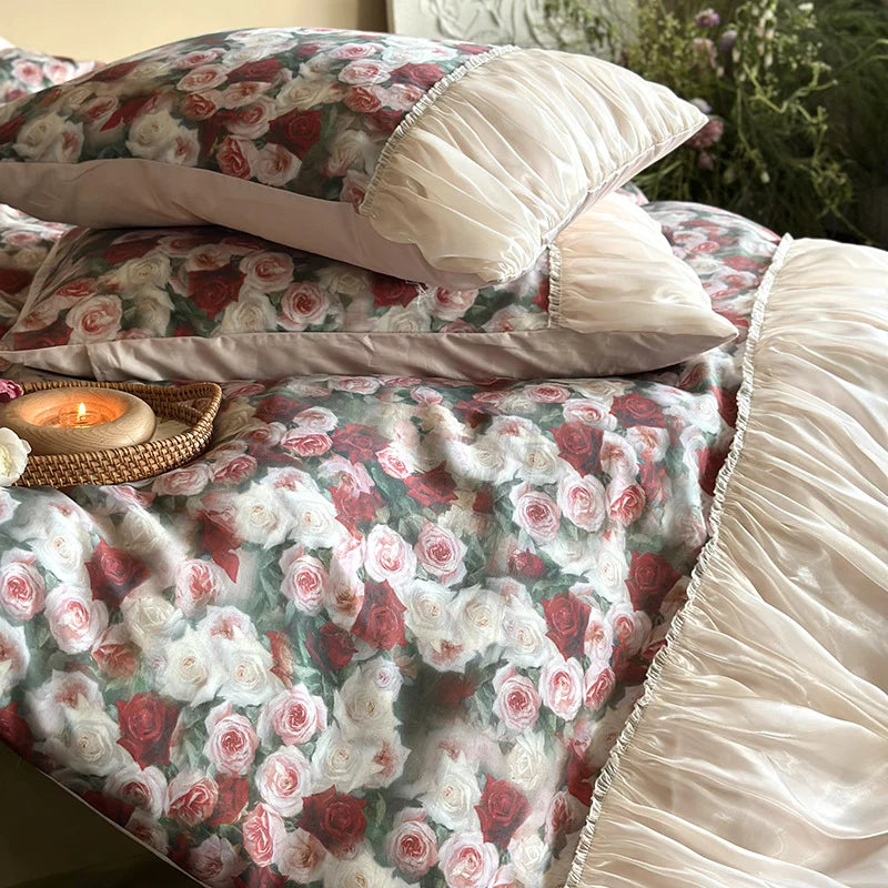 Bedding Set Satin Rose Pattern & Gathered Bed Skirt
