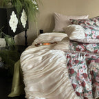 Bedding Set Satin Rose Pattern & Gathered Bed Skirt