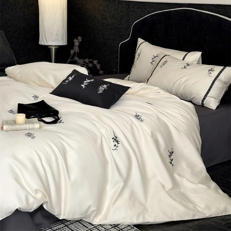 Bedding Set Satin Temperature-Regulating Floral Embroidery