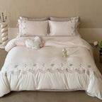 Bedding Set Satin With Floral Embroidery & Ruffled Edges