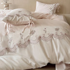 Bedding Set Satin With Floral Embroidery & Ruffled Edges