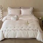Bedding Set Satin With Floral Embroidery & Ruffled Edges