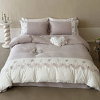 Bedding Set Satin With Floral Embroidery & Ruffled Edges