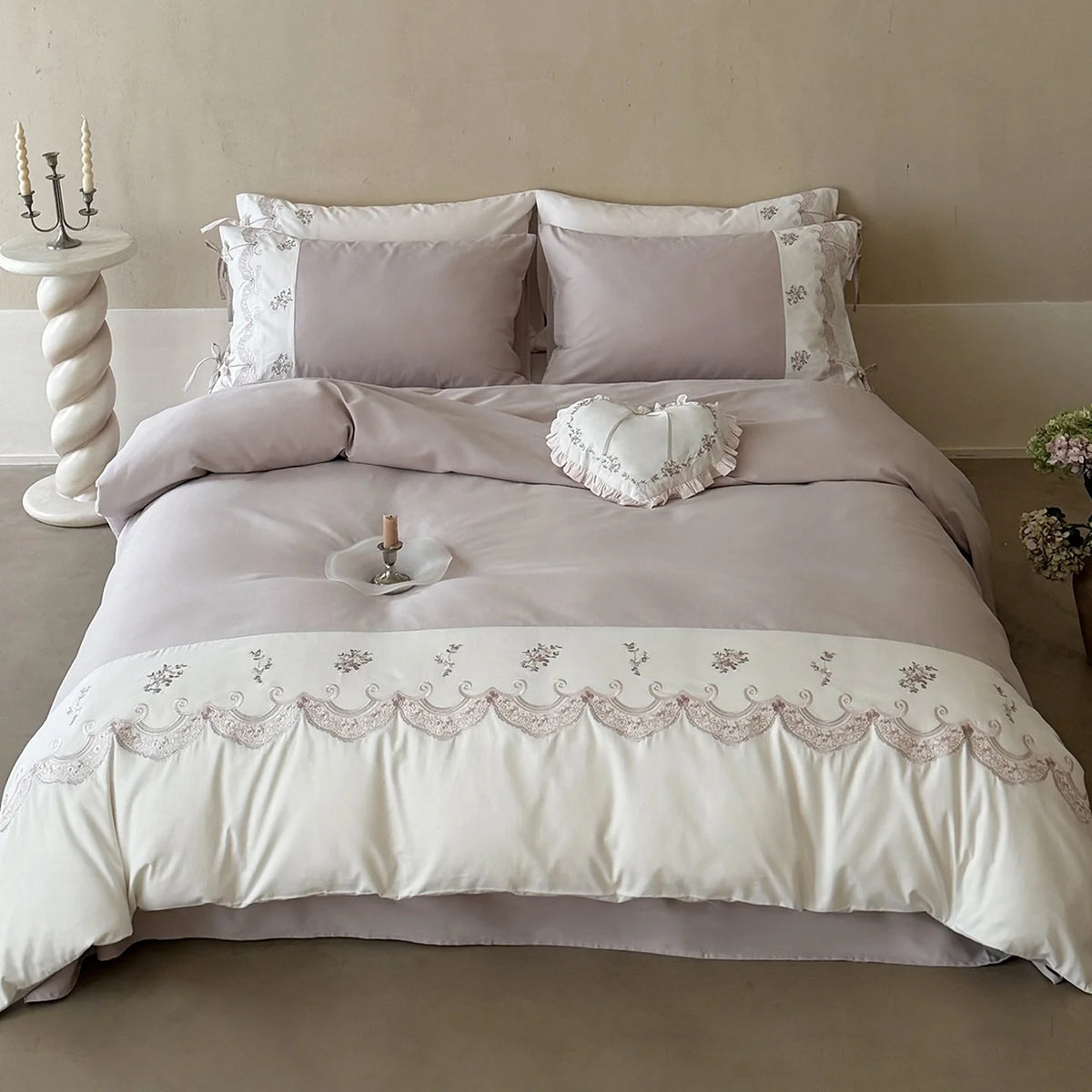 Bedding Set Satin With Floral Embroidery & Ruffled Edges