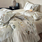 Bedding Set Silky Cotton Satin Floral Ruffle 4-Piece