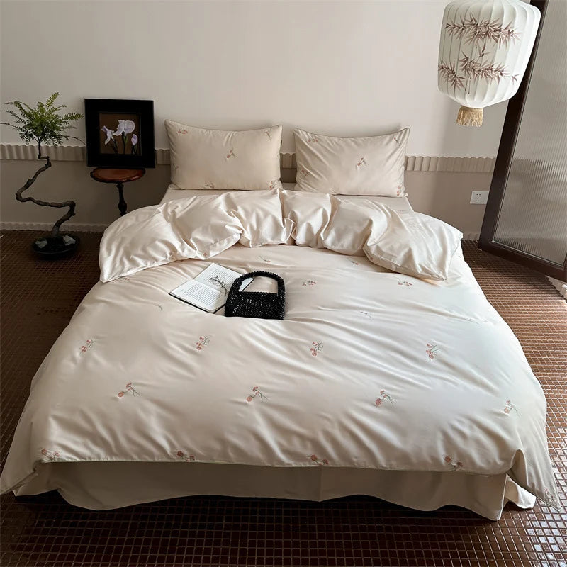 Bedding Set Silky-Matte Cotton Satin Floral Embroidery