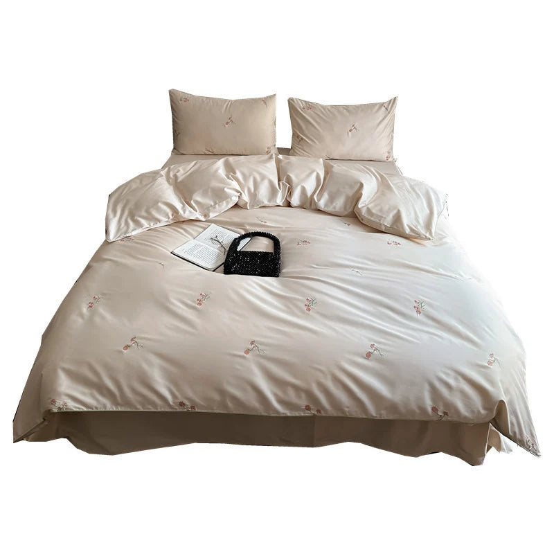 Bedding Set Silky-Matte Cotton Satin Floral Embroidery
