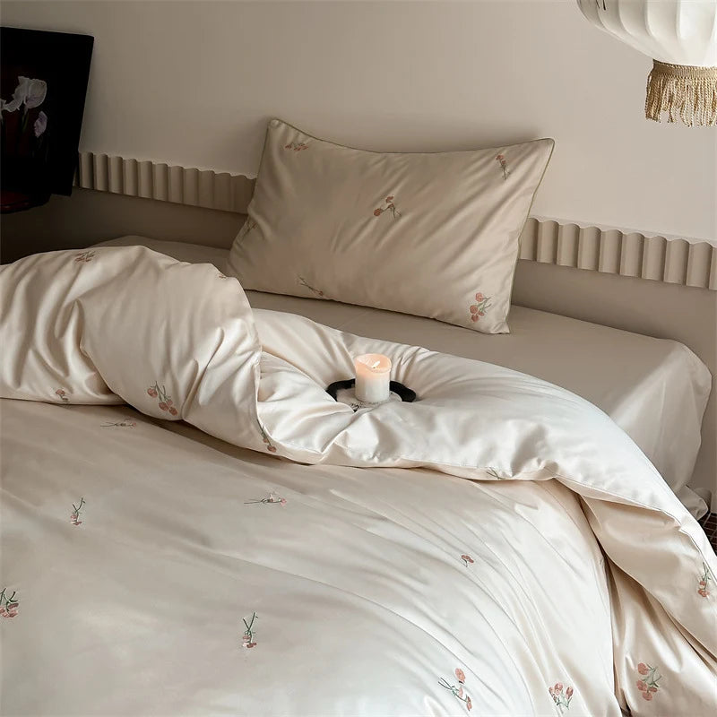 Bedding Set Silky-Matte Cotton Satin Floral Embroidery